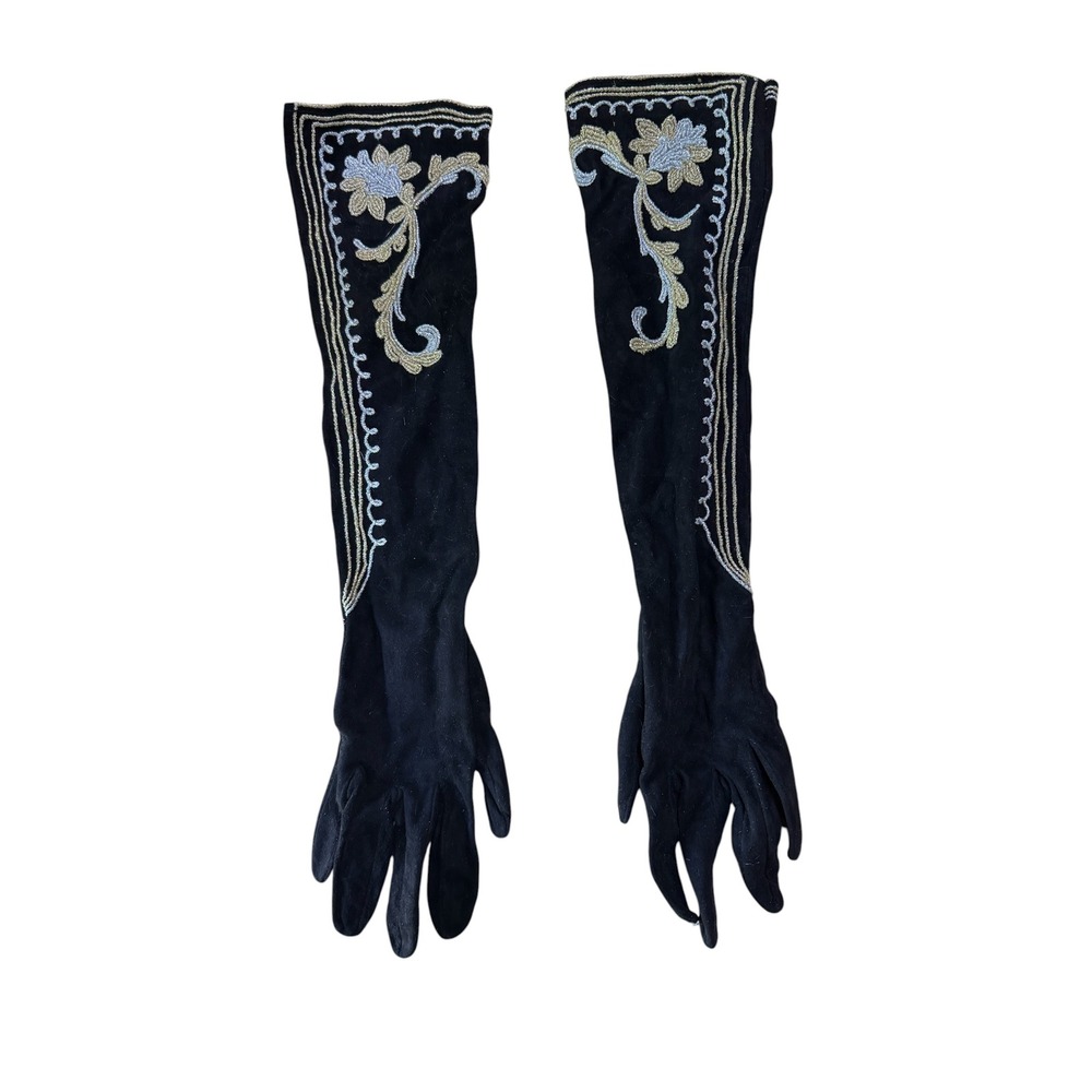 Vintage Blk Suede Opera Length Gloves Gold Silver Floral Embroidery Formal 15in - Picture 2 of 3